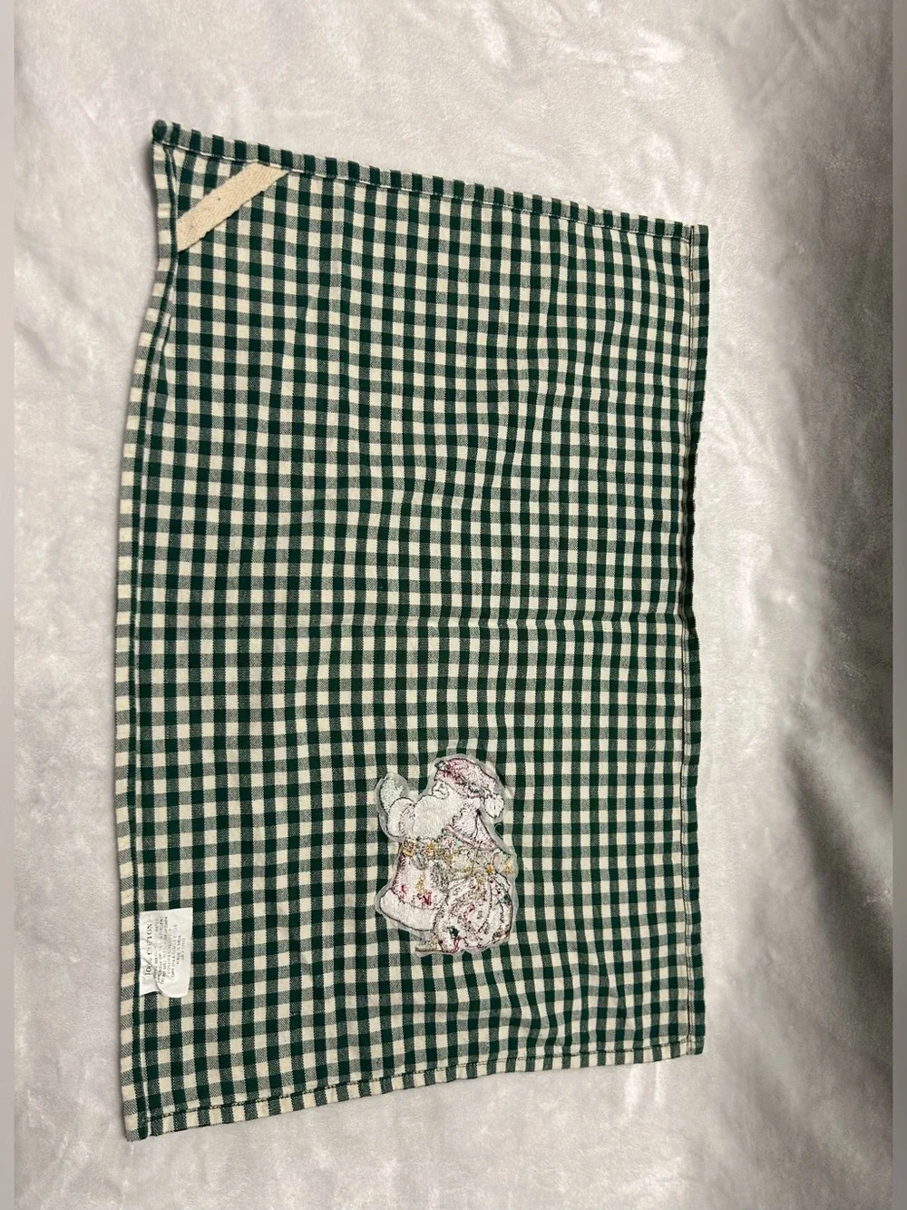 Vintage green white red gingham plaid holiday dish towel embroidered Santa Claus